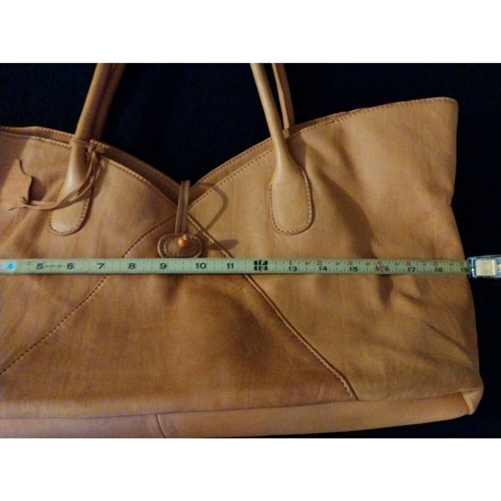 Coldwater Creek Womens Tan Cognac Leather Boho Hobo Shoulder Tote Bag Large - Picture 12 of 13